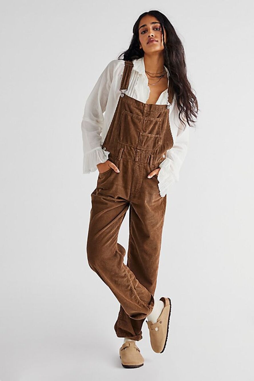 Free People We The Free Ziggy Slouchy Straight Leg Cord Overalls Brown Medium```